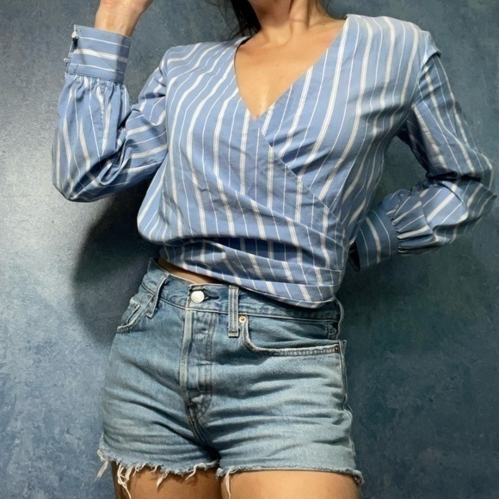 Theory Light Blue Striped Faux Wrap Shirt